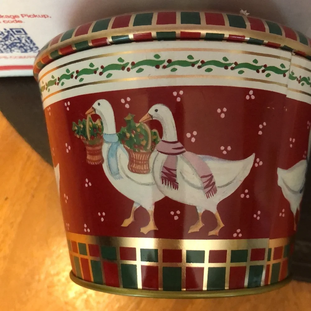 Vintage Meister Goose Litho Metal Tin Can Dome Top Storage Container Brazil